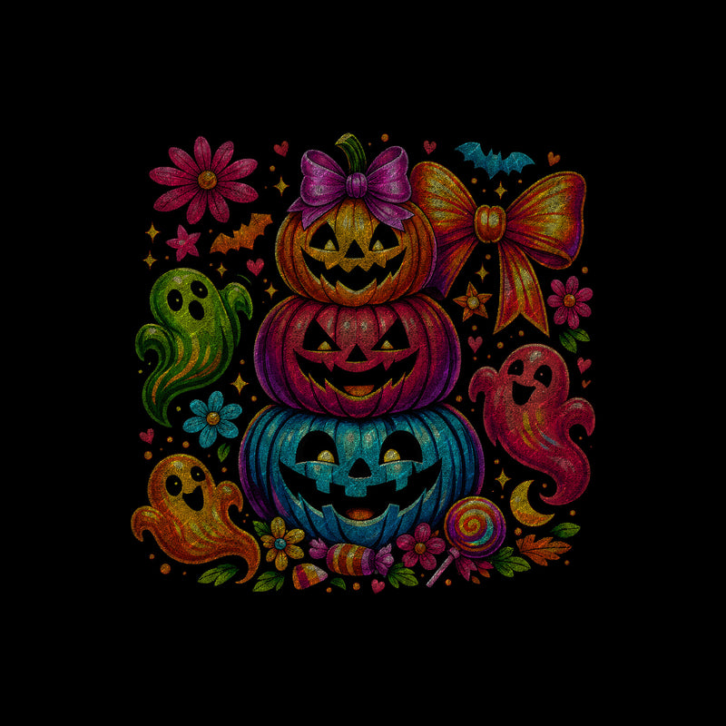Stacked Bright Pumpkins & Friendly Ghosts Halloween - DTF Transfer