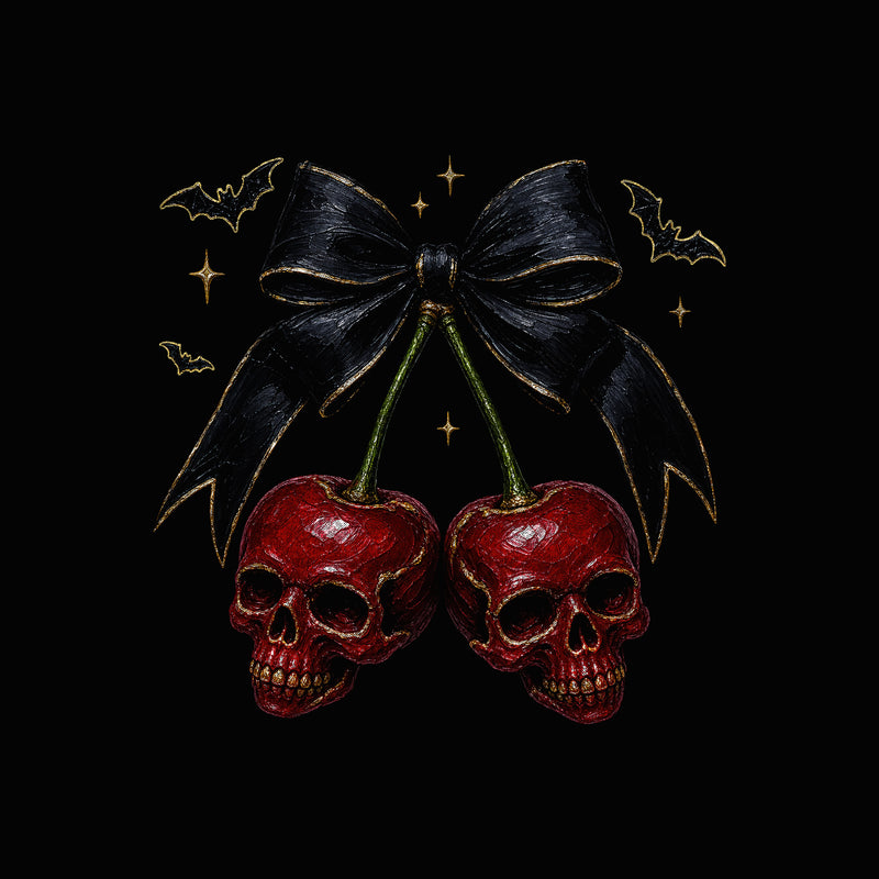 Gothic Skull Cherries & Ribbon with Bats - DTF Transfer