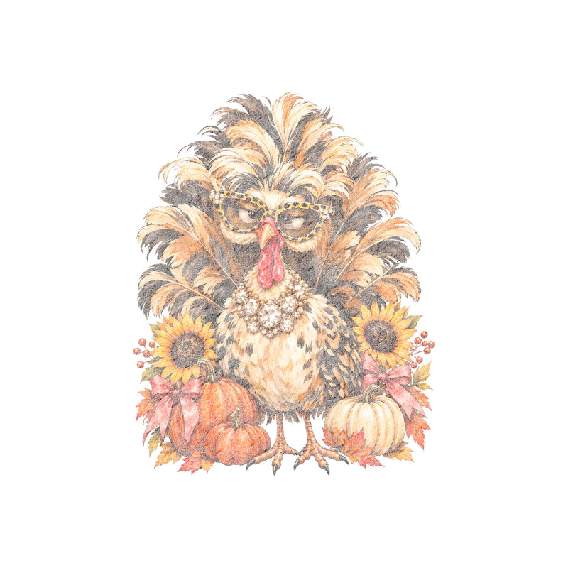 Boujee Fluffy Turkey: Leopard Glasses & Autumn Pumpkins - DTF Transfer
