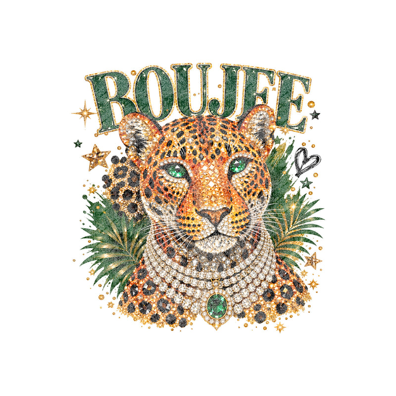 Emerald Boujee Leopard: Beaded Diamond Necklace & Emerald Crown - DTF Transfer