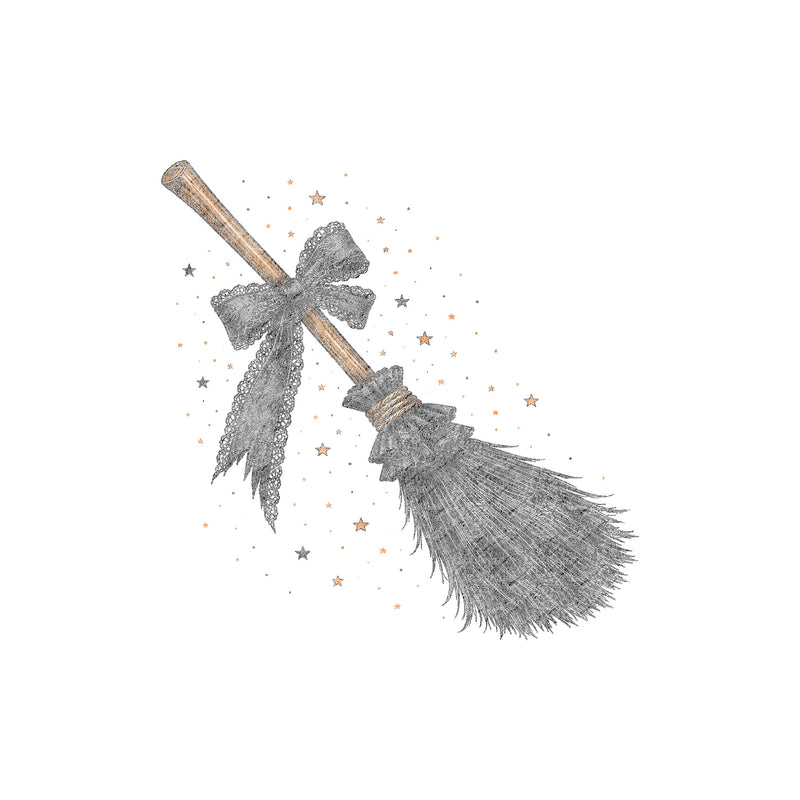 Witchy Broomstick with Black Lace Bow: Celestial Coquette - DTF Transfer