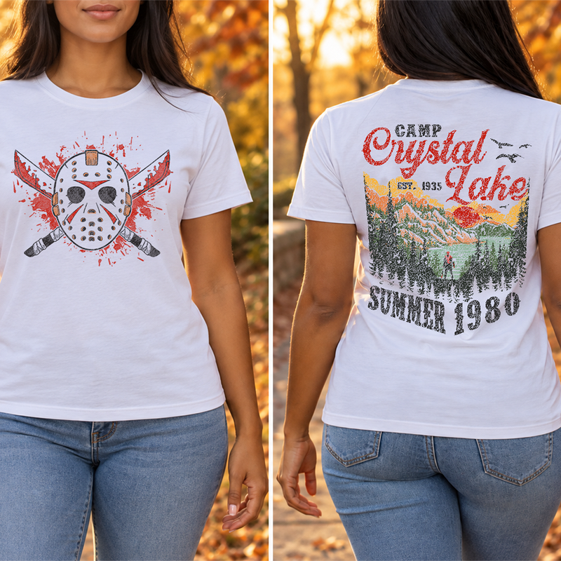 Camp Crystal Lake Summer 1980: Front - Mask & Machetes & Back - Vintage Landscape - DTF Transfer Set