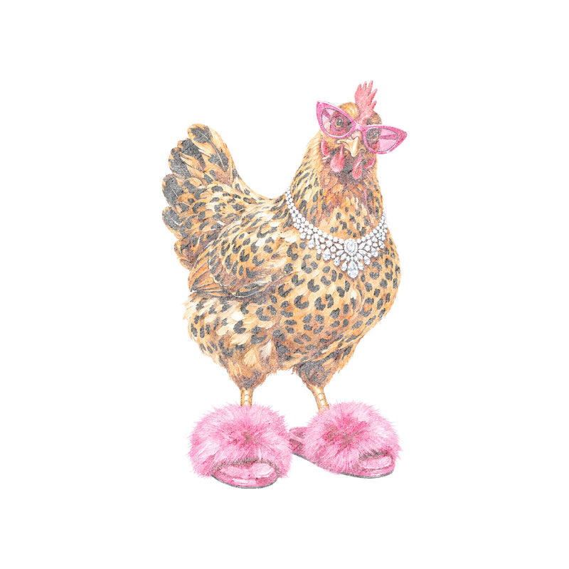 Glam Chicken in Pink Fluffy Slippers - DTF Transfer