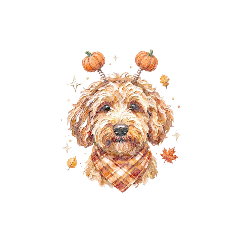 Autumn Goldendoodle Dog & Pumpkin Headband - DTF Transfer