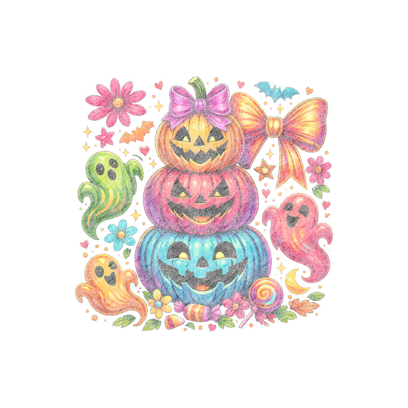Stacked Bright Pumpkins & Friendly Ghosts Halloween - DTF Transfer