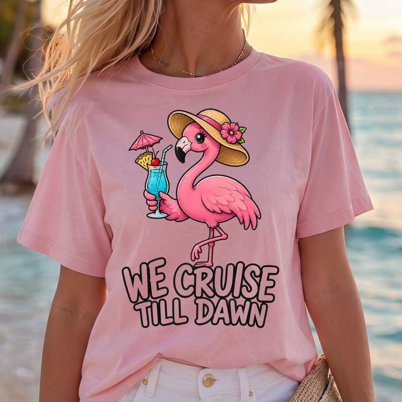 We Cruise Till Dawn Retro Flamingo Vacation - DTF Transfer