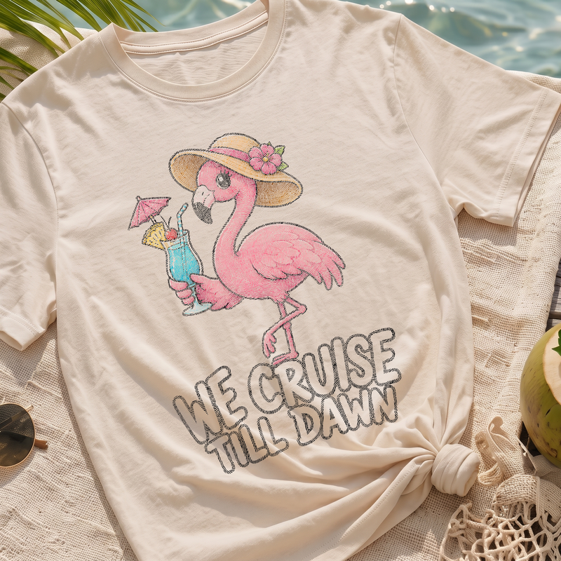 We Cruise Till Dawn Retro Flamingo Vacation - DTF Transfer