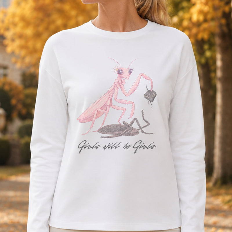 Girls Will Be Girls: Pink Praying Mantis Sarcastic DTF Transfer