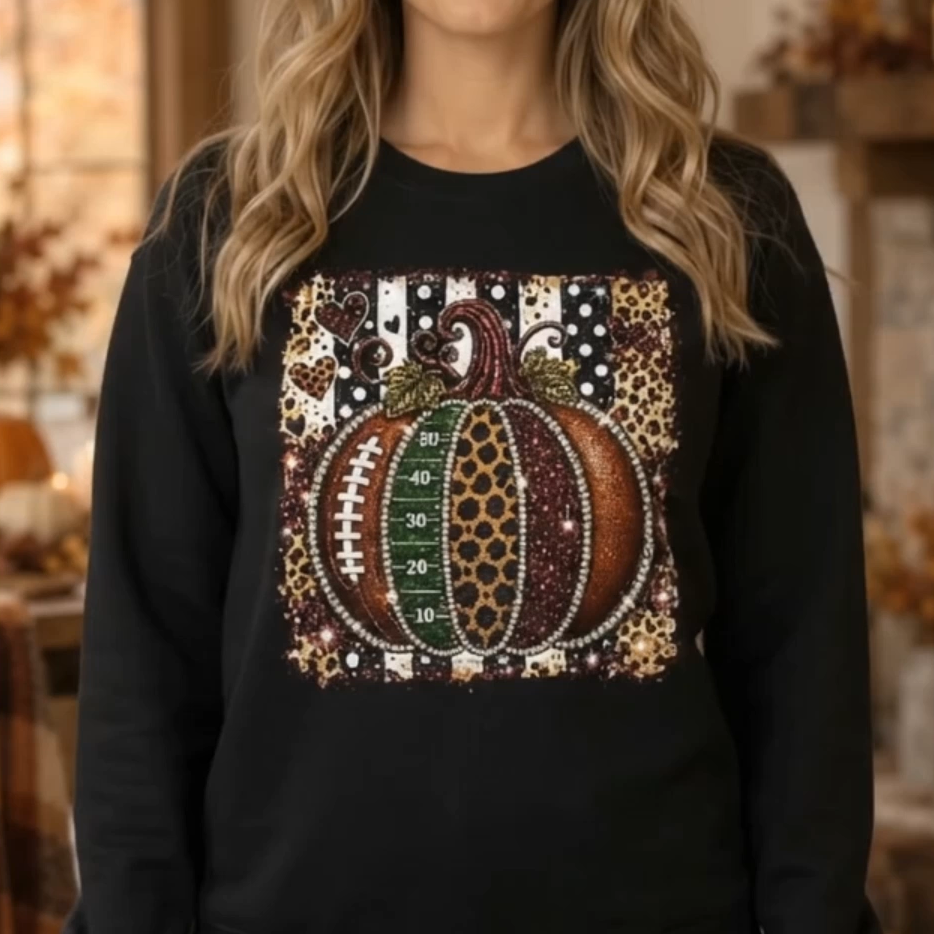 Faux Glitter Football Pumpkin & Leopard Stripes: Glam Game Day - DTF Transfer