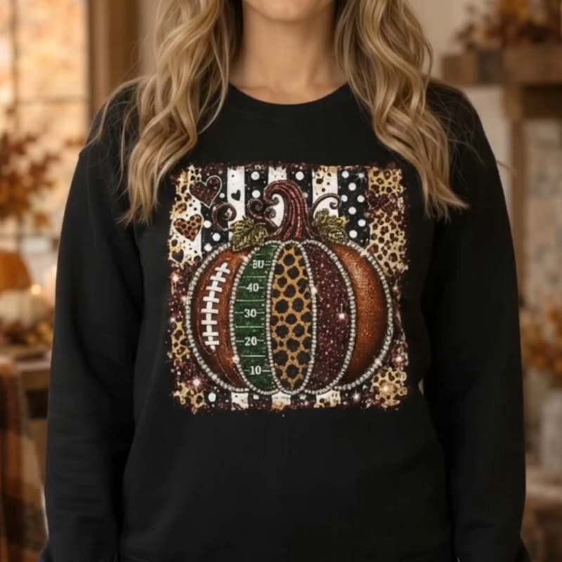 Faux Glitter Football Pumpkin & Leopard Stripes: Glam Game Day - DTF Transfer