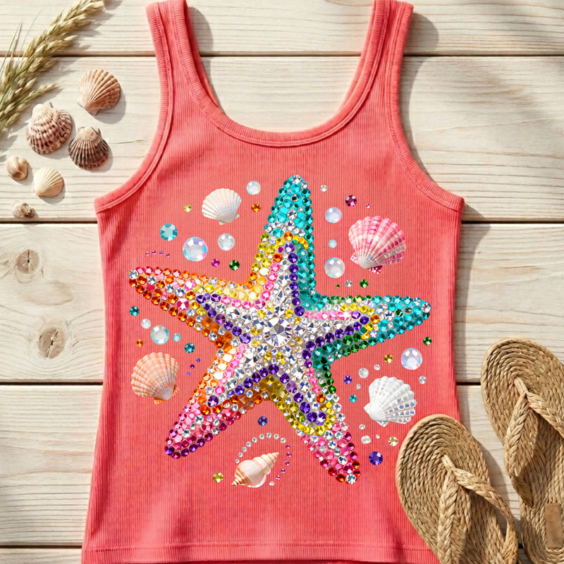 Faux Rhinestone Mermaid Mosaic Rainbow Starfish - DTF Transfer