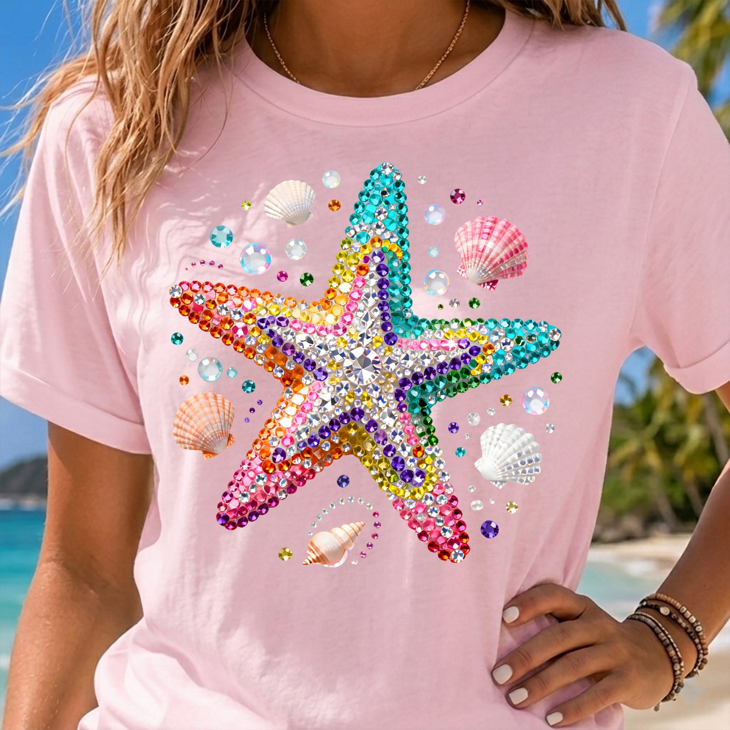 Faux Rhinestone Mermaid Mosaic Rainbow Starfish - DTF Transfer