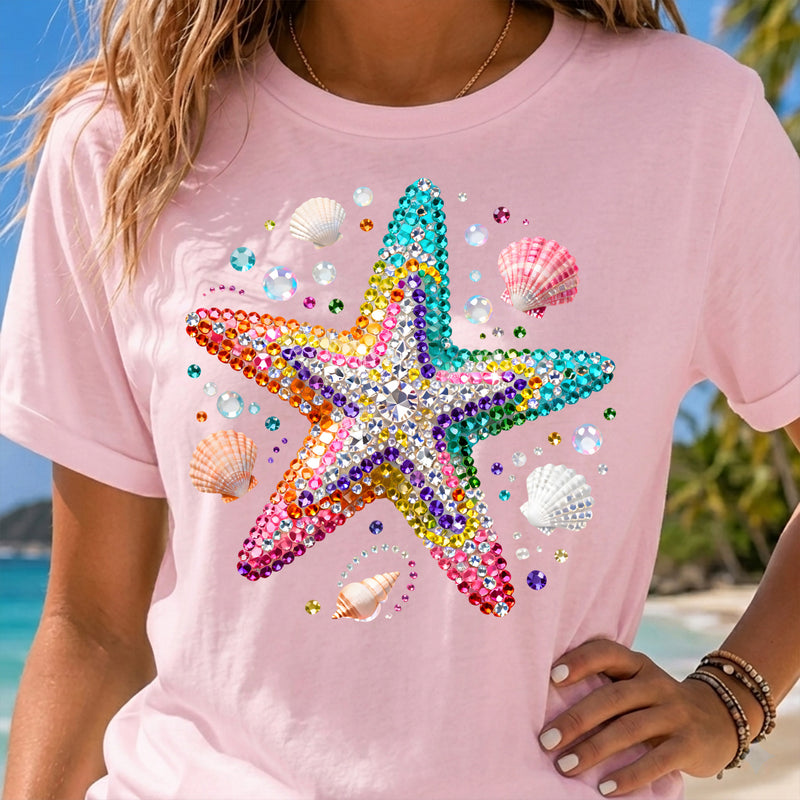 Faux Rhinestone Mermaid Mosaic Rainbow Starfish - DTF Transfer